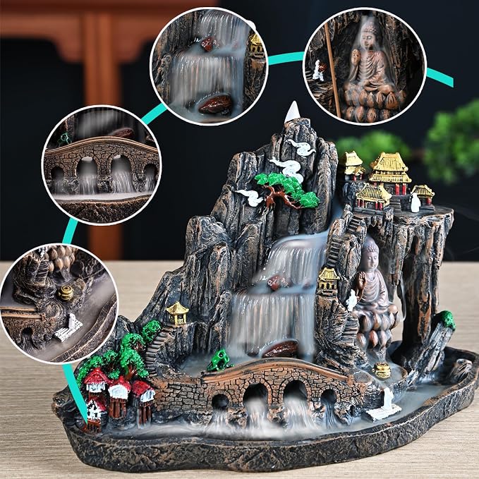 Mountain Waterfall Incense Burner，Backfall Incense Holder River, Incense Falls Meditation Decor for Room with Upgrade Incense Cones and Accessories (Buddha)