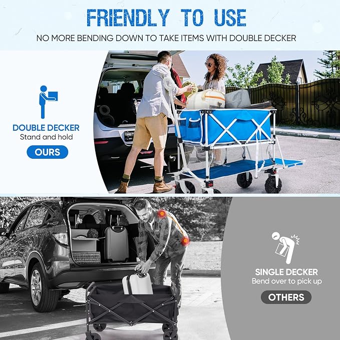 400L Collapsible Double Decker Beach Wagon with Brakes, Folding Beach Cart with 54" Extra Long Decker, 450LBS Heavy Duty Wagon Chart with All-Terrain Big Wheels for Sand Camping Garden