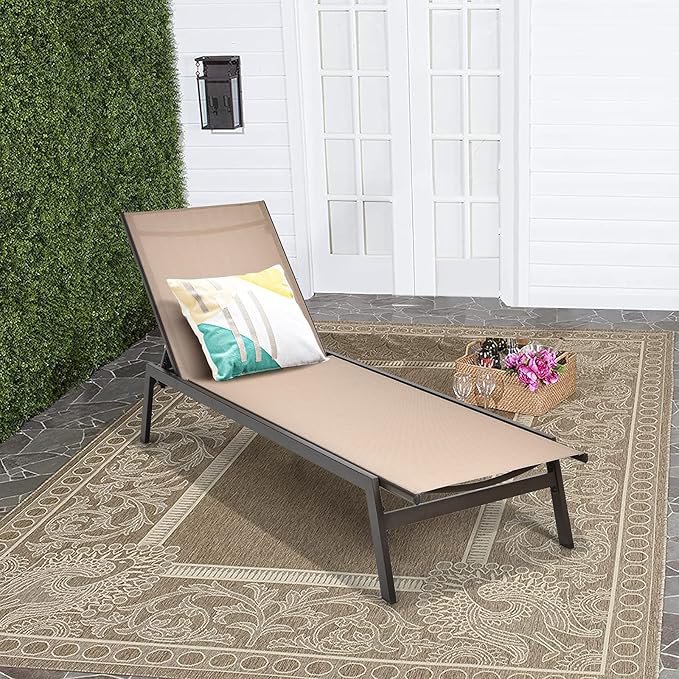 Tangkula Outdoor Chaise Lounge Chair, 6-Position Adjustable Reclining Chair with Breathable Fabric and Heavy Duty Steel Frame, Patio Lounge Chair for Garden, Backyard and Poolside (1, Brown)