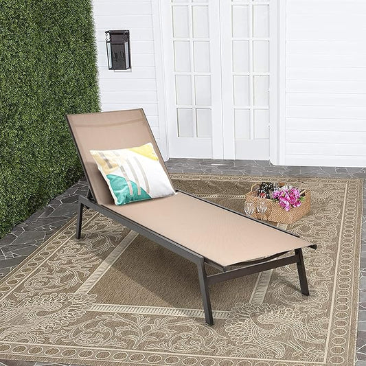 Tangkula Outdoor Chaise Lounge Chair, 6-Position Adjustable Reclining Chair with Breathable Fabric and Heavy Duty Steel Frame, Patio Lounge Chair for Garden, Backyard and Poolside (1, Brown)