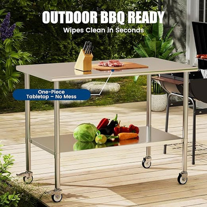 Stainless Steel Work Table with Wheels, 30x60 Inch NSF Kitchen Prep Table with Adjustable Undershelf for Commercial Restaurant, Garage, Outdoor BBQ