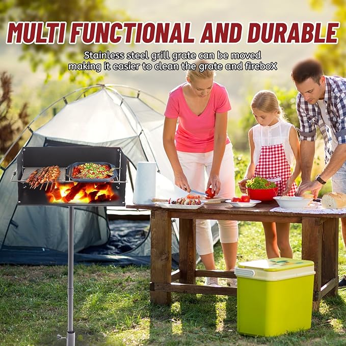 25"×17" Park-Style Charcoal Grill, Heavy Duty Steel Outdoor BBQ Park Grill with Stainless Steel Cooking Grate and Post for Backyard or Camping, Black