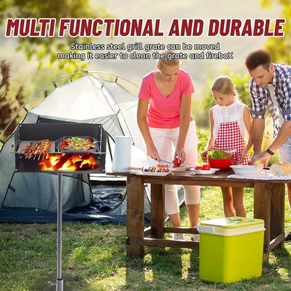 25"×17" Park-Style Charcoal Grill, Heavy Duty Steel Outdoor BBQ Park Grill with Stainless Steel Cooking Grate and Post for Backyard or Camping, Black