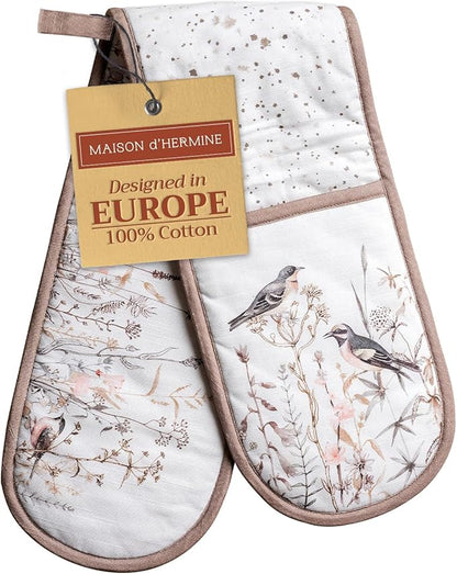 Maison d' Hermine Double Oven Mitts 100% Cotton 7"x35" Double Oven Mitt Heat Resistant BBQ Cooking Gloves with Loop Baking Grilling Kitchen Hotel Home Farmhouse Spring Summer (Meadow Florals - Brown)