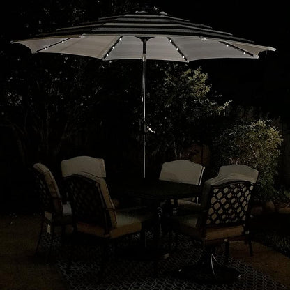 9' Round Patio Umbrella with 32 Solar Powered LED Lights, Push-Button Tilt and Hand Crank Lift, Solar Lighted Umbrella in Navy Stripe for Patio, Porch, and Backyard by Sun-Ray