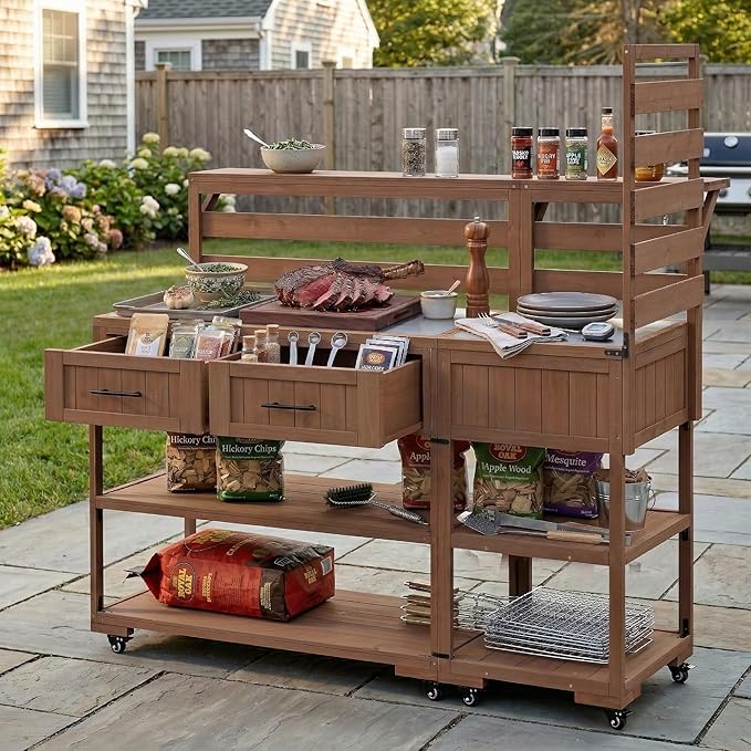 GDFStudio Elshire Patio Kitchen Island Cart with Storage, Wooden Outdoor Storage Cabinet with Stainless Steel BBQ Prep Table Top, Drawers, Raised Shelf and Lockable Wheels, Garden Potting Bench, Brown