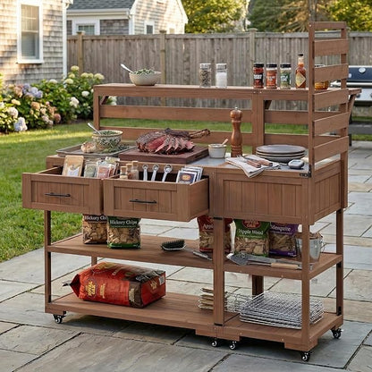 GDFStudio Elshire Patio Kitchen Island Cart with Storage, Wooden Outdoor Storage Cabinet with Stainless Steel BBQ Prep Table Top, Drawers, Raised Shelf and Lockable Wheels, Garden Potting Bench, Brown