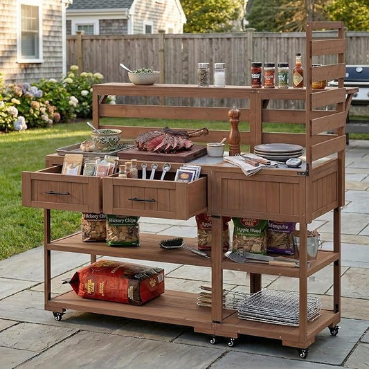 GDFStudio Elshire Patio Kitchen Island Cart with Storage, Wooden Outdoor Storage Cabinet with Stainless Steel BBQ Prep Table Top, Drawers, Raised Shelf and Lockable Wheels, Garden Potting Bench, Brown