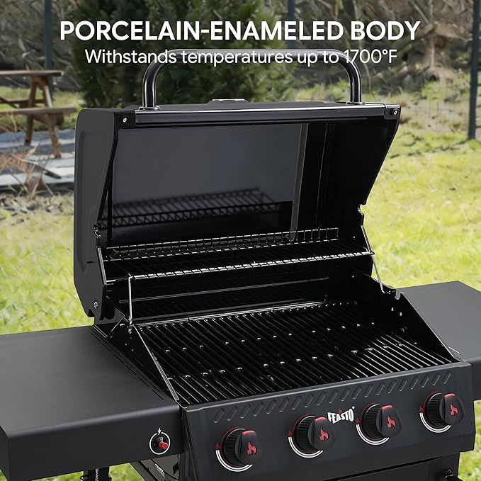 Feasto 4-Burner Gas BBQ Grill with Side Tables, 36,000 BTU Outdoor Propane Grill with Premium Enameled Coated Chamber Body & Porcelain-Enameled Grates for Deck Party & Patio BBQ, 559 Sq. In., Black