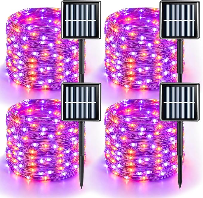 YEGUO 4 Pack Halloween Solar Fairy Lights, Each 33ft 100 LED Orange and Purple Christmas Lights Outdoor Waterproof, 8 Modes Sliver Wire Solar String Lights
