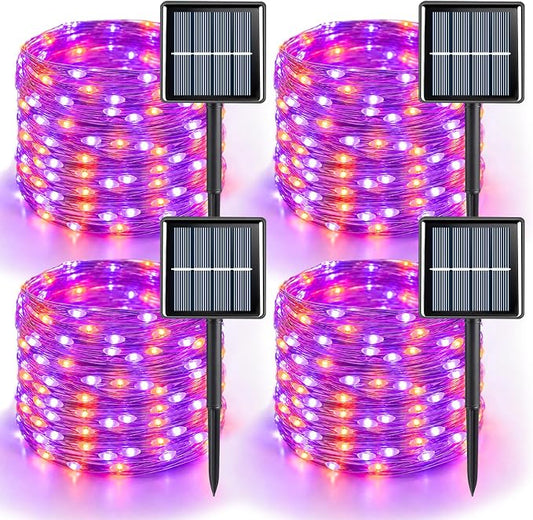 YEGUO 4 Pack Halloween Solar Fairy Lights, Each 33ft 100 LED Orange and Purple Christmas Lights Outdoor Waterproof, 8 Modes Sliver Wire Solar String Lights