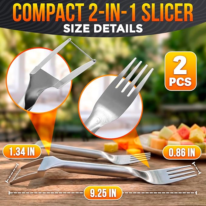 2Pcs Stainless Steel Watermelon Cutter Slicer Tool 2-in-1, Even Cuts | Watermelon Slicer Tool & Serving Fork in One; Slices Cubes Mess-Free; for Melon, Cantaloupe & Dragon Fruit; Summer Parties