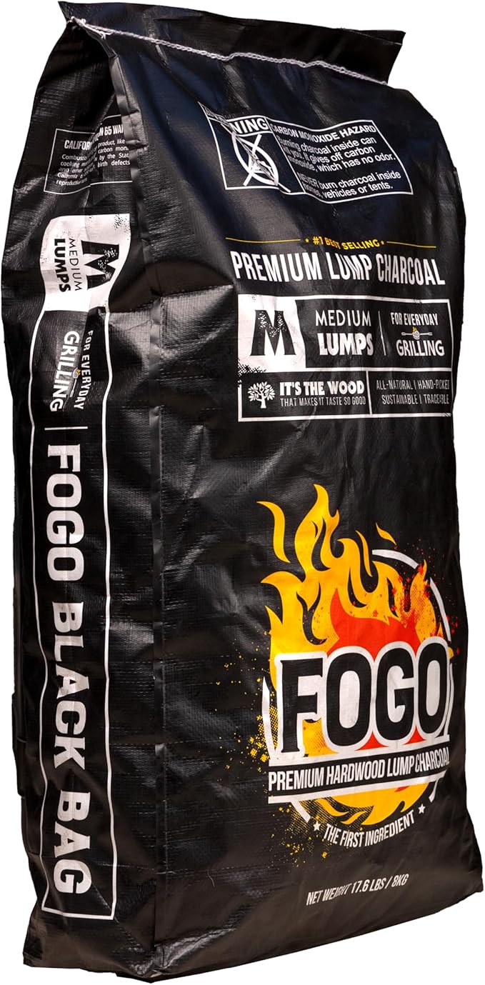 FOGO Premium Hardwood Lump Charcoal, Natural, Medium Sized Lump Charcoal for Grilling and Smoking, Restaurant Quality, 17.6 Pound Bag, 2-Pack