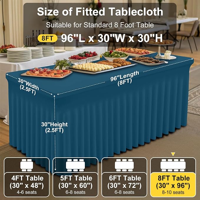 Smiry Spandex Elastic Fitted Table Cloth Skirt for 8FT Rectangle Table | Stretch Washable Table Cloth, Banquet Table Cover for Wedding, Party, Indoor & Trade Shows, (Peacock Blue, 96Lx30Wx30H)