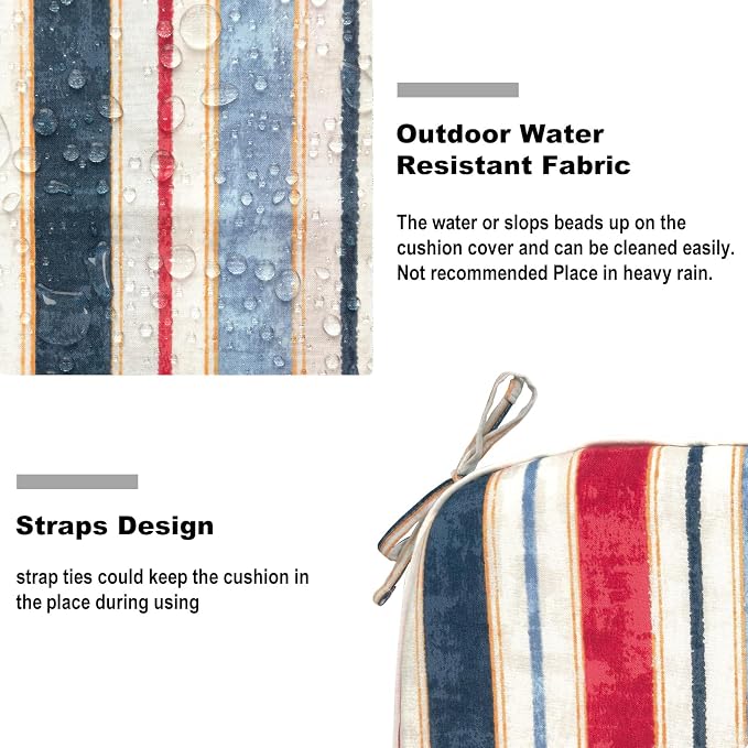 DYTXIII Set of 2 Outdoor Chair Cushions with Ties,Water Repellent Patio Chair Pads 17"x 16" for Outdoor Furniture,Round Corner Seat Cushions for Garden Yard Kitchen Stripe Red Blue