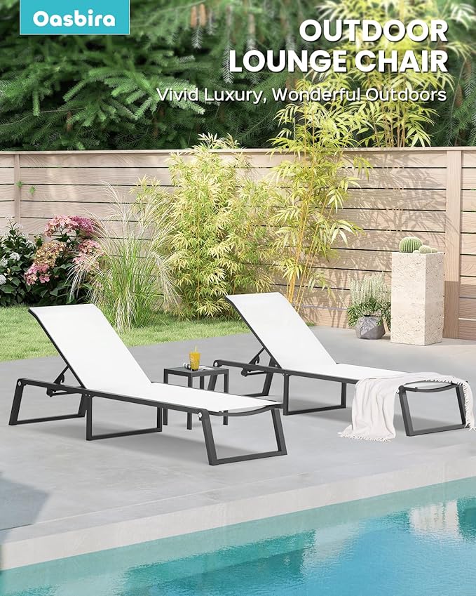 Aluminum Chaise Lounge Chair Outdoor, Foldable& No Assembly Patio Pool Lounge Chairs 5-Position Recliner for Outside, Fully Grounded Legs Sun Lounger for Poolside, 4 Packs, Bright White