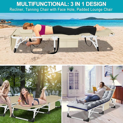 ABORON Oversized Folding Sun Tanning Chair, 3 in 1 5-Position Adjustable Outdoor Heavy Duty Chaise Lounge Chairs, with Face & Arm Holes, Mattress, Pillow, for Beach Pool Lawn Yard Patio