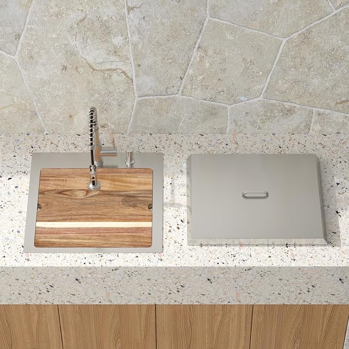 21 Inch Outdoor Kitchen Sink with Faucet - 21x20 Drop In Workstation 16 Gauge Stainless Steel Single Bowl Topmount Outdoor Wet Bar Sink with Stainless Steel Dust-Proof Cover #TLT-0068