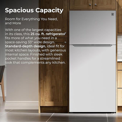 Kenmore 25 cu. ft. 33" Wide Top Mount Refrigerator - White | Adjustable Glass Shelving, Humidity-Controlled Crispers, Gallon Door Bins, LED Lighting, ENERGY STAR Certified
