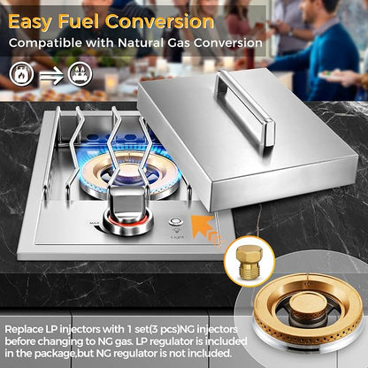 Grilling Side Burners for Outdoor Kitchen,18,000BTU Liquid Propane Side Burner Convertible to Nature Gas, Duty Heavy 304 Stainless Steel, Single Burner for BBQ Island Grill, Gold