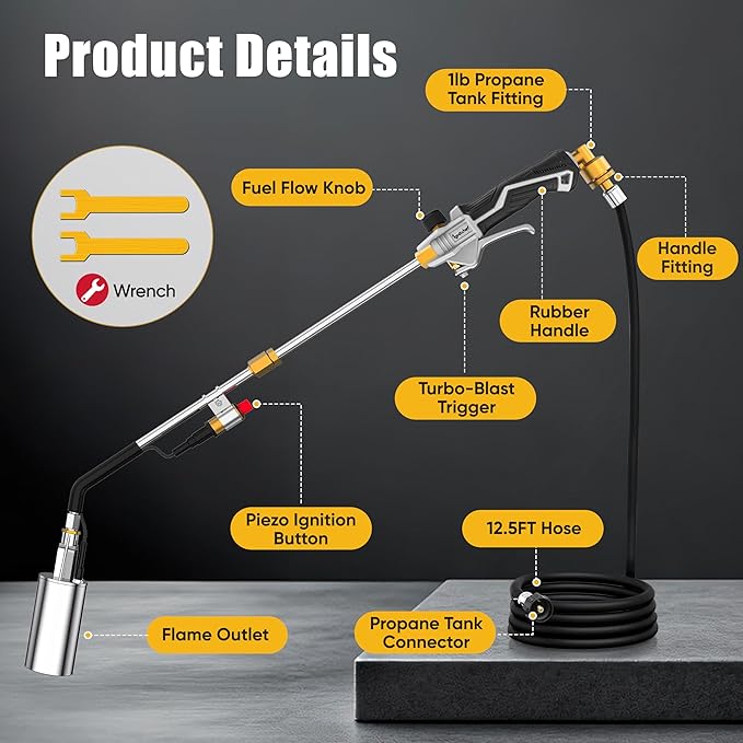 Propane Torch Weed Burner Heavy Duty-340,000 BTU Weed Torch with 2 Extension Modes, Piezo Trigger(Self Igniting)&12.5ft Hose, Multi-Fuel Compatible(1lb-100lb) for Weeds, Ice Melting, Roofing