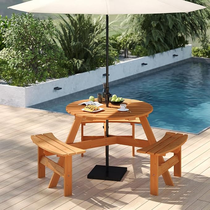 Tangkula 6-Person Wood Picnic Table, Outdoor Round Table and Bench Set with 3 Built-in Benches, Umbrella Hole, Perfect for Outside, Patio, Garden, Backyard, Porch (6-Person,Yellow)