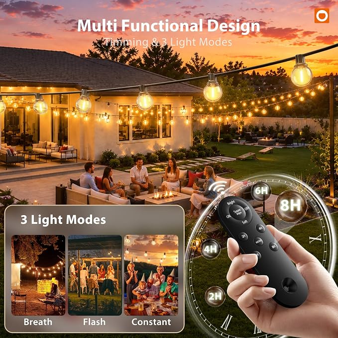 addlon 198FT Solar String Lights Outdoor, Waterproof, USB Charging | Dimmable, 3 Light Modes, Remote, 60+4 LED Bulbs, Easy Install, Ideal for Large Backyard, Garden, Wedding, Party, Camping