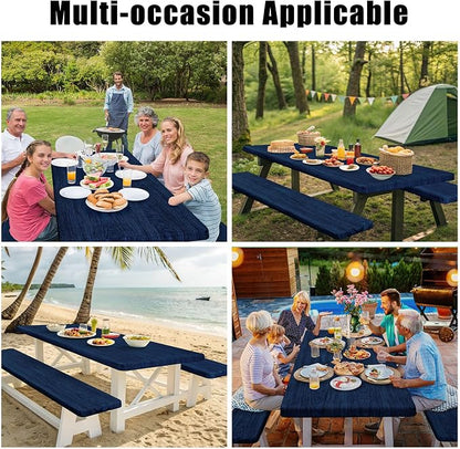 Smiry Picnic Table Cover with Bench Covers, Waterproof Elastic Fitted Tablecloth for 5 Foot Tables, Washable Polyester Tablecloths for Camping, Indoor & Outdoor (Navy & Black, 30x60 Inch 3-pc Set)