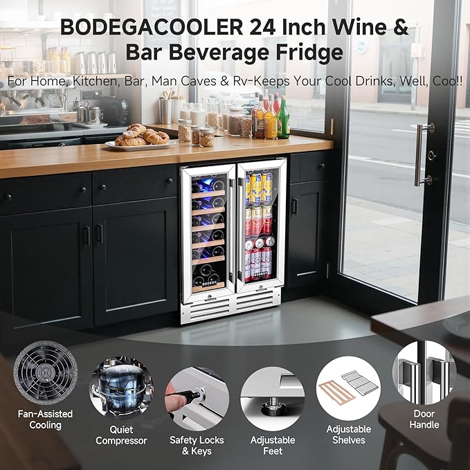 BODEGACOOLER Wine and Beverage Refrigerator, 24 Inch Under Counter Commercial Beverage Refrigerator, Large Capacity Back Bar Cooler With 2 Glass Doors,LED Lighting for Beer,Soda,Wine,4.1 Cu.Ft.,Black.