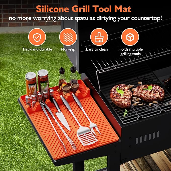 Silicone Griddle Tools Mat for Blackstone griddle accessories, Reusable grill accessories, Spatula Silicone Mat with Drip Pad for Outdoor Grill Side Shelves 16 * 11.5 inches （Orange)
