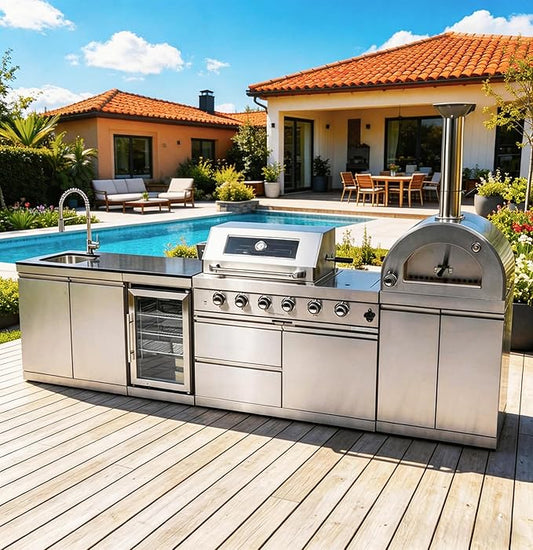 108,000 BTU Modular Outdoor Kitchen,125" Stainless Steel Propane Grill with Built-In Pizza Oven,Standalone Side Burner,Rotisserie,Refrigerator,Granite Countertop,Storage Drawers & Cabinets.
