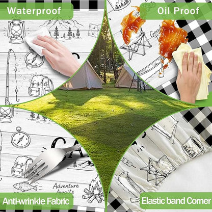 JAWO Black White Buffalo Plaid Picnic Table Cover with Bench Covers, Camper RV Essentials Gear Supplies Outdoor Waterproof Windproof Tablecloth with Elastic, 30X96in