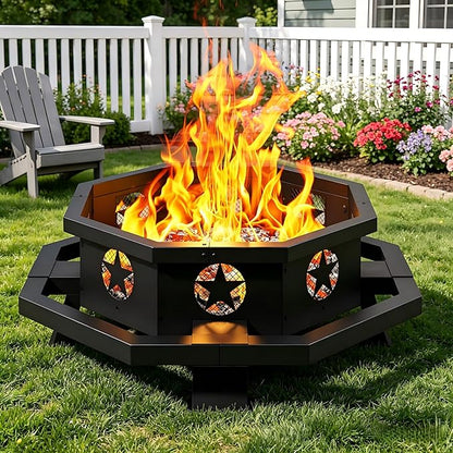 43 inch Large Fire Pit, Outdoor Fire Pit with Heavy Duty Construction, Wood Burning Fire Pits for Outside Octagonal Firepit for Camping, Backyard, Patio, Black