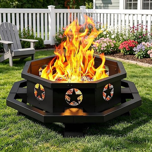 43 inch Large Fire Pit, Outdoor Fire Pit with Heavy Duty Construction, Wood Burning Fire Pits for Outside Octagonal Firepit for Camping, Backyard, Patio, Black