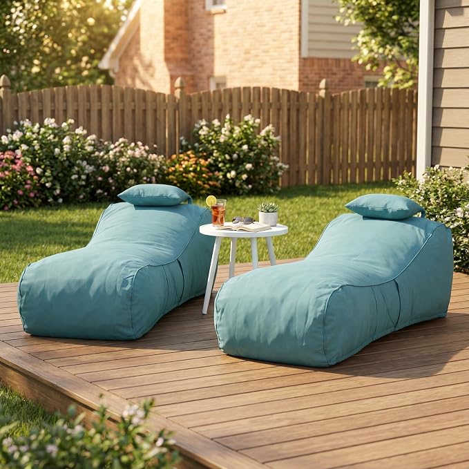 Christopher Knight Home Morton Outdoor Bean Bag Chair Set of 2, Fabric Bean Bag Chair for Adults and Kids, Indoor/Outdoor Sun Lounger with Headrest, Patio Chaise Lounge Chair Set of 2, Teal