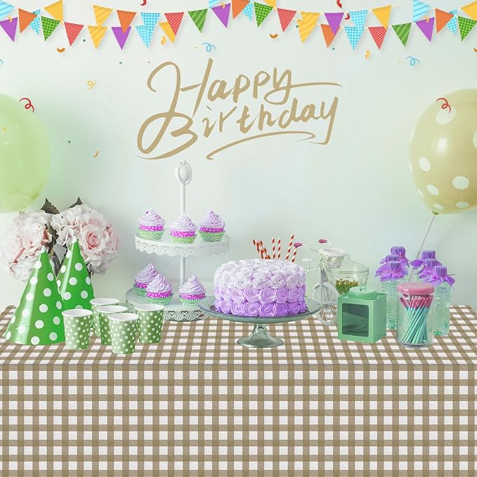 3Pcs Brown Gingham Tablecloths, Checkered Party Table Covers 54x108 In | Brown and White Checkered Tablecloths Disposable Plastic Waterproof for Fall Picnic Halloween Barbecue Birthday Outdoor Party