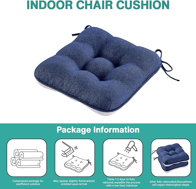 BETU Chair Cushions for Dining Chairs Set of 4,3.5" Thick Outdoor Indoor Chair Pads with Ties,Non Slip Backing and Covers, Seat Cushion for Kitchen Dining,Bar,Patio Furniture15.5"X15.5"X3.5",Navy Blue