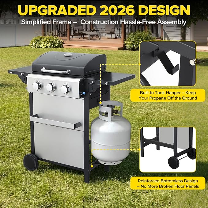 3 Burner Propane Gas Grill, 30,000 BTU Stainless Steel Outdoor BBQ Grill with 322 Sq. In. Cooking Area & 2 Foldable Side Shelves, Patio Cookout Essentials for Backyard