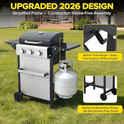 3 Burner Propane Gas Grill, 30,000 BTU Stainless Steel Outdoor BBQ Grill with 322 Sq. In. Cooking Area & 2 Foldable Side Shelves, Patio Cookout Essentials for Backyard