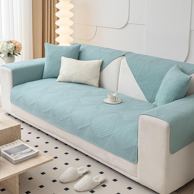 vctops Cotton Quilted Couch Covers for Sectional Sofa (Blue,28"x94") | Geometric Washable Non Slip Sofa Slipcover for Dogs, Children, Pets Furniture Protector Cover