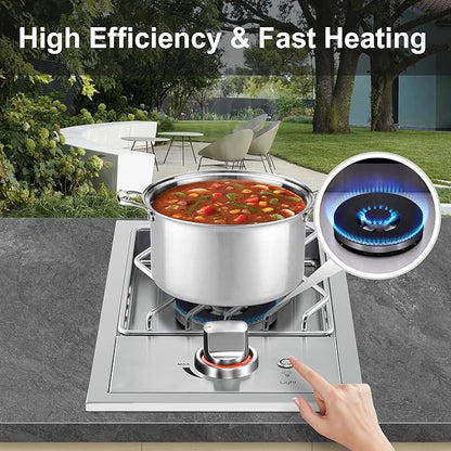 Single Grilling Side Burners for Outdoor Grill, 15,000BTU Natural Gas Side Burner, Sturdy 304 Stainless Steel, with Liquid Propane Kit, Drop-in Side Burner for Outdoor Kitchen BBQ Island