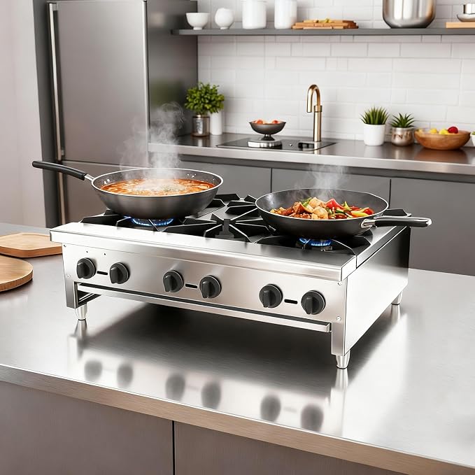 Stainless Steel Stoves,Portable Cooktop with 6 Burners–168,000 BTU,Comes with Conversion Kit for Both Propane & Natural Gas Cooktop Combo.Commercial Gas Stove for Restaurant & School Cafeteria.