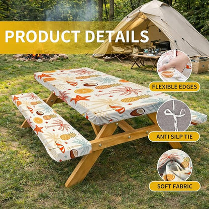 Picnic Table Cover with Bench Covers, 72 X 30 Inch Elastic Fitted Camping Tablecloth with Strap Design for 6FT Rectangle Tables, Windproof Outdoor Tablecloth Set with Storage Bag
