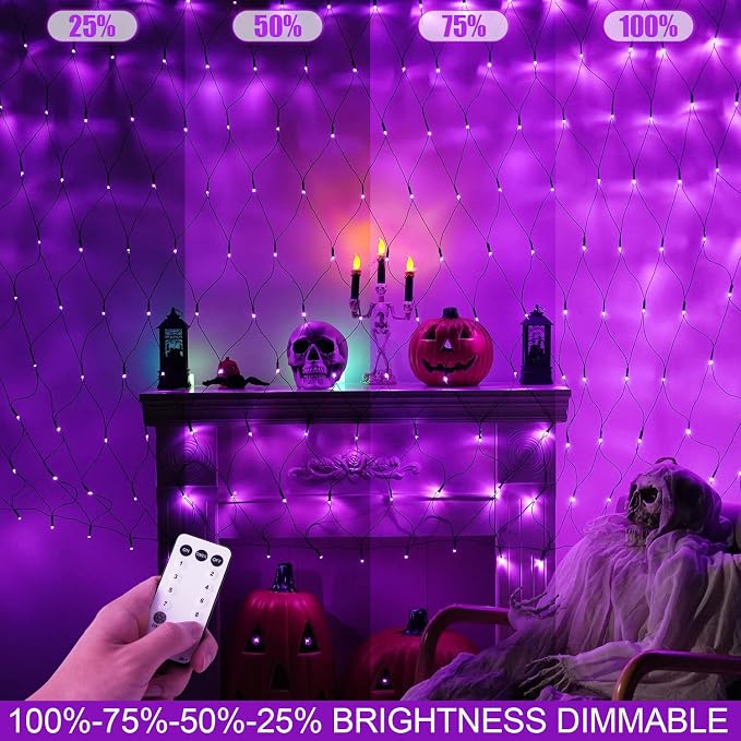 JMEXSUSS 360 LED Halloween Net Lights, Purple, 12ft x 5ft | Outdoor Waterproof, Connectable, Plug in, Mesh Lights with Remote for Bushes Shrubs Christmas Halloween Decorations