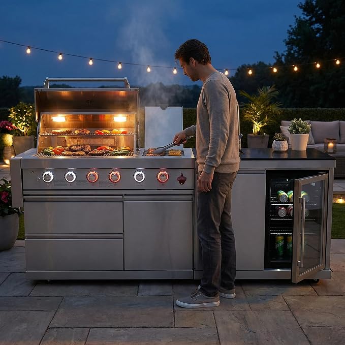 84" Outdoor Kitchen Island with 5-Burner 75,300 BTU Gas Grill,Rotisserie Oven,Mini Wine Fridge,Side Burner,Sink & Side Shelf.Included Natural Gas Converter,Movable BBQ Island for Patio & Backyard.