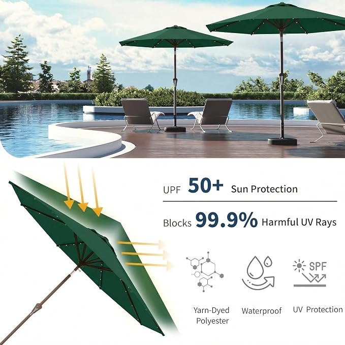 10FT Solar Umbrella 32 LED Lighted Patio Umbrella Table Market Umbrella w/Tilt and Crank, UV-Resistant Outdoor Umbrella for Pool, Garden, Deck, Forest Green