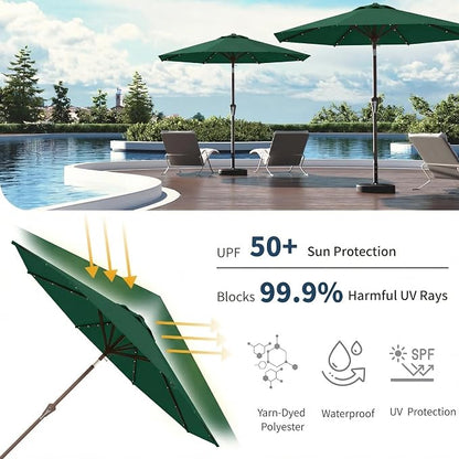 10FT Solar Umbrella 32 LED Lighted Patio Umbrella Table Market Umbrella w/Tilt and Crank, UV-Resistant Outdoor Umbrella for Pool, Garden, Deck, Forest Green