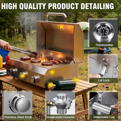 Bestfire 3-Burner Tabletop Gas Grill, Dual Connections, 30,000 BTU Portable Propane Grill, Stainless Steel Knobs/Grates, Compact & Detachable Legs for Camping, RV, BBQ