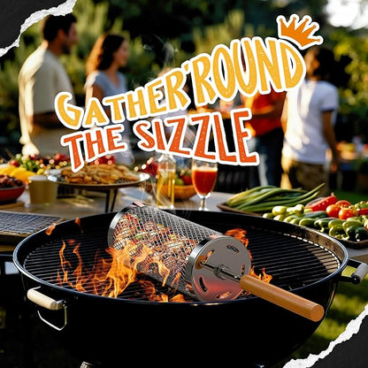 Rolling Grill Basket-Small,304 Stainless Steel Grill Basket with Removable Wooden Handle,BBQ Tool & Smoker Accessory for Veg & Shrimp,Ideal for Outdoor Cooking,Camping & Gifts for Dad/Husband/Men,9*4*4 inches(For 1-2 People)