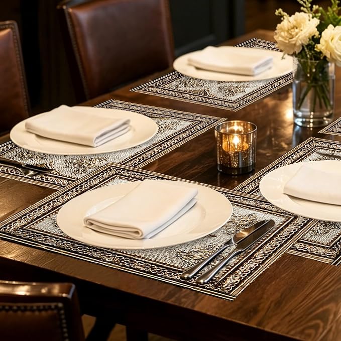 Nuxovilar Square placemats Set of 7 Table Runner and placemats Pink Floral&Vintage Pattern Linen-Cotton Tablerunner(72X13inch)&6 Placemats(11.8X17.7) Table Setting Supplies Cafe,Family Dinner